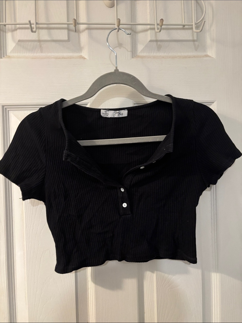 Ribbed Henley Crop Top - Black